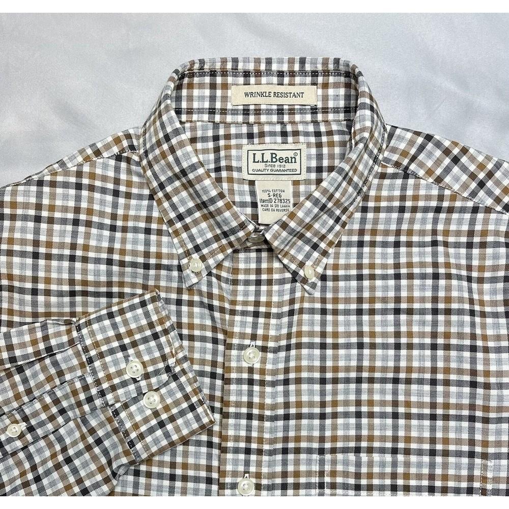 LL Bean Button Up Dress Shirt Mens Small Regular Wrinkle Free Plaid Brown Black